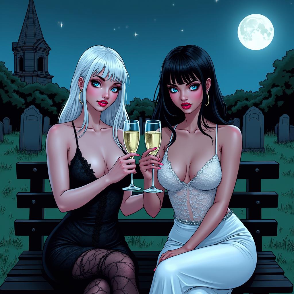 A realistic comic book illustration featuring two stunning 18-year-old girls in a cemetery at midnight