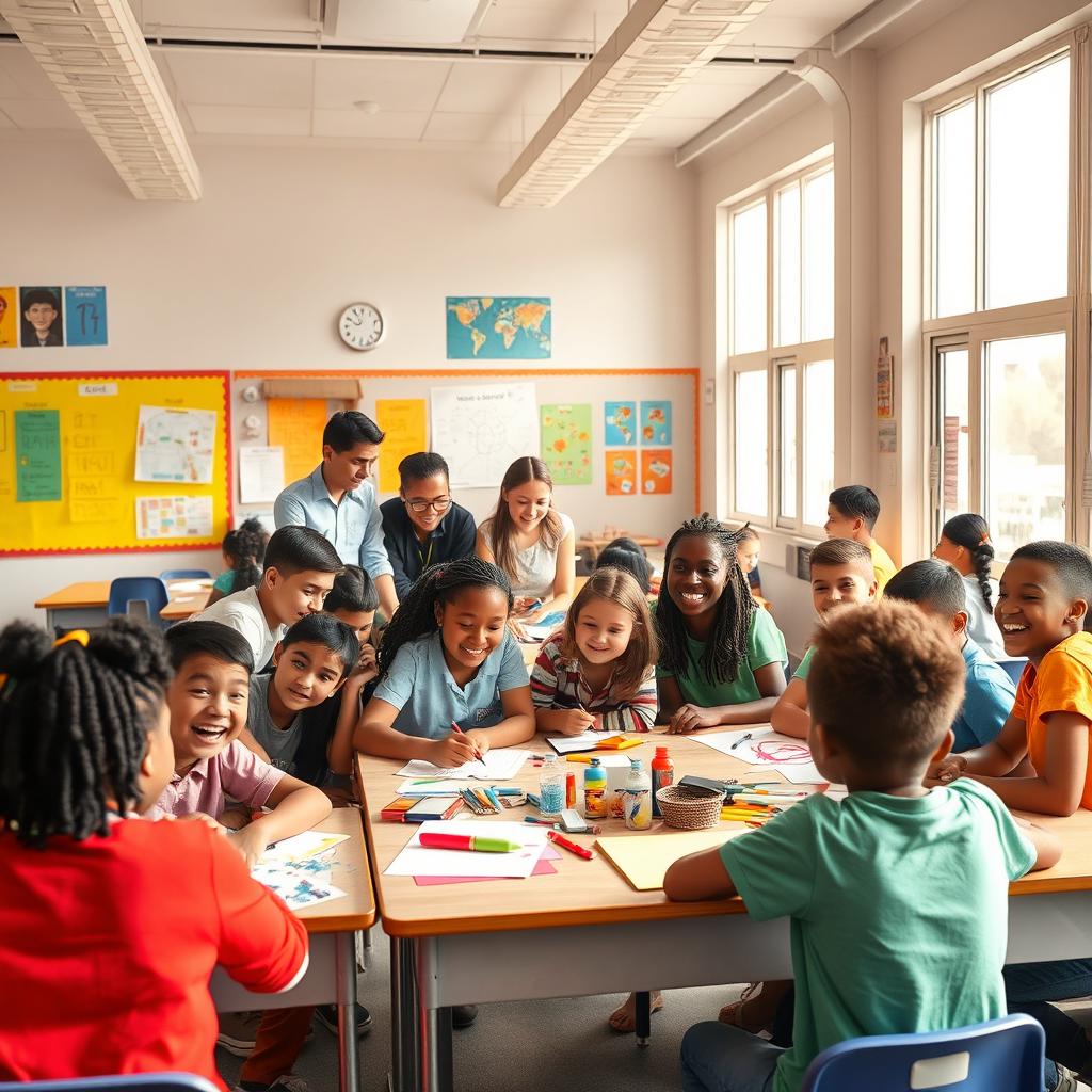 A vibrant classroom scene filled with diverse students eagerly engaging in a group project