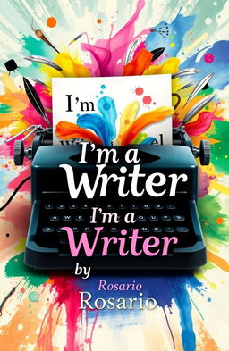 A vibrant and imaginative book cover for 'I'm a Writer' by Rosario, featuring a typewriter with colorful, flowing pages that seem to come to life