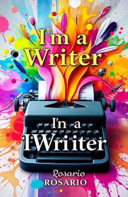 A vibrant and imaginative book cover for 'I'm a Writer' by Rosario, featuring a typewriter with colorful, flowing pages that seem to come to life