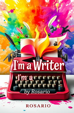 A vibrant and imaginative book cover for 'I'm a Writer' by Rosario, featuring a typewriter with colorful, flowing pages that seem to come to life