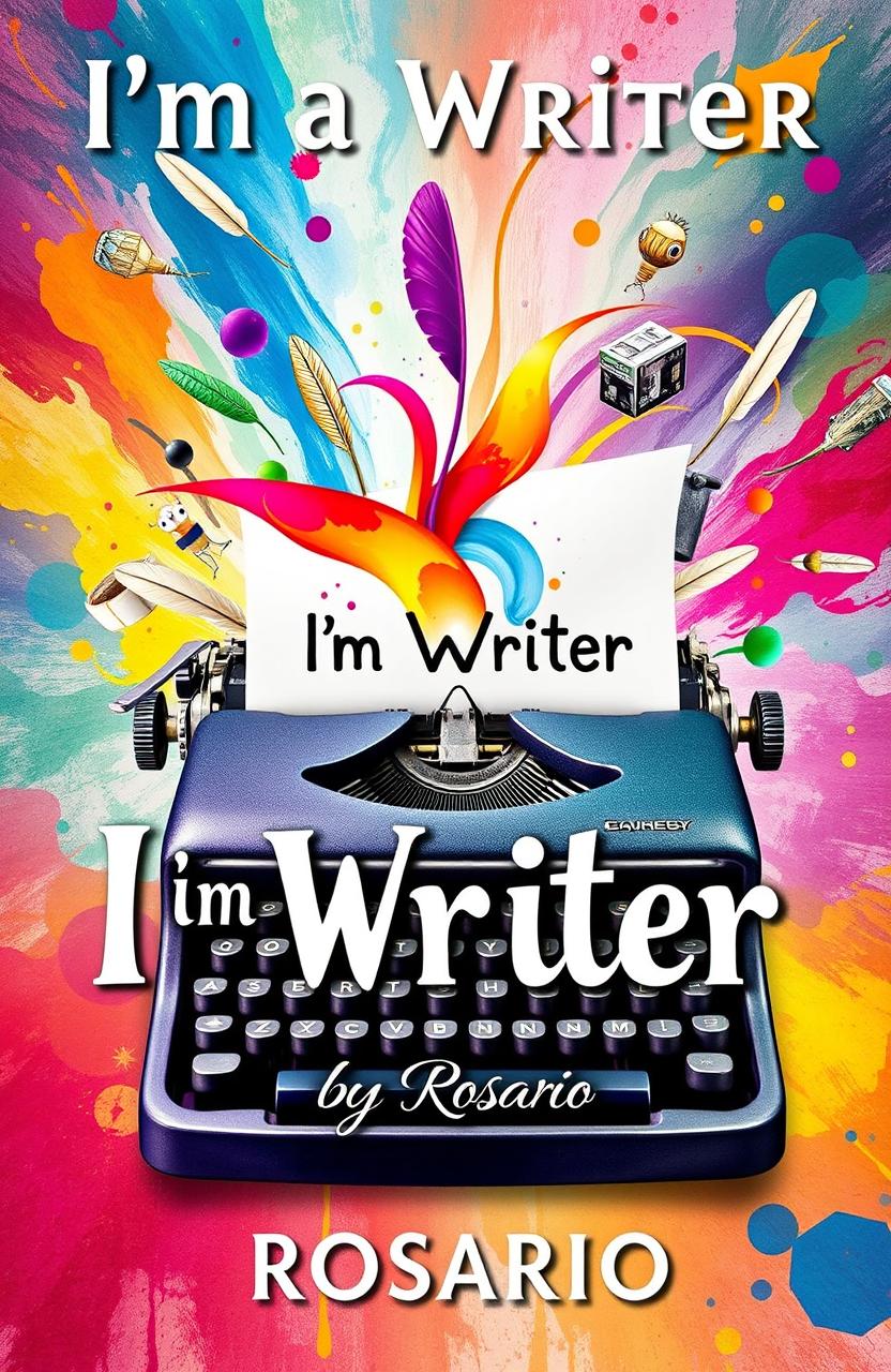 A vibrant and imaginative book cover for 'I'm a Writer' by Rosario, featuring a typewriter with colorful, flowing pages that seem to come to life