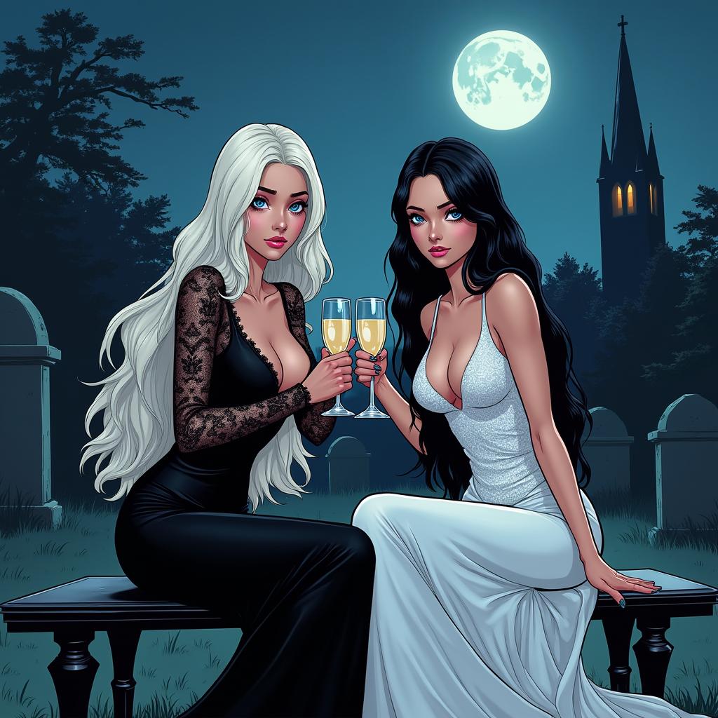 A realistic comic book illustration depicting two stunning 18-year-old girls in a cemetery at midnight