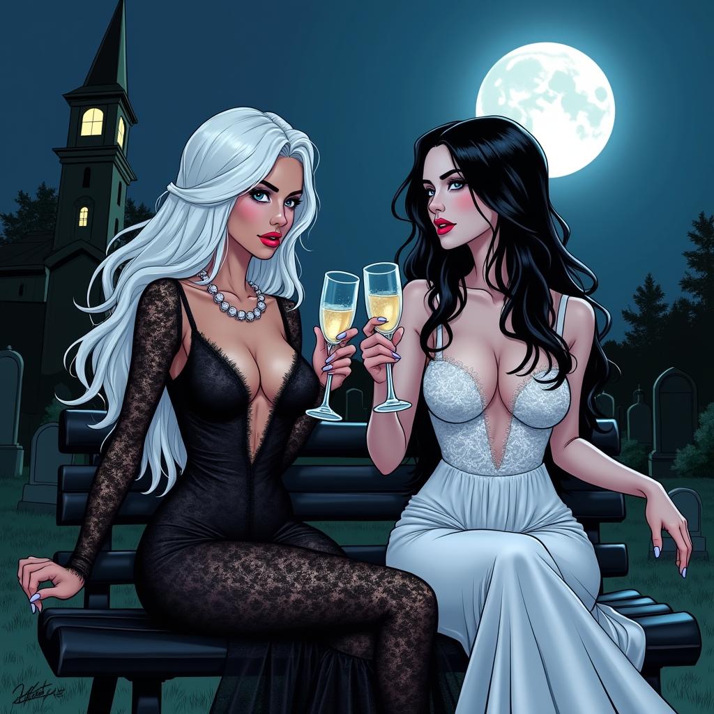 A realistic comic book illustration featuring two stunning 18-year-old girls in a cemetery at midnight