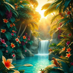 Create a mesmerizing 3D visual representation of a lush, vibrant jungle scene bursting with life