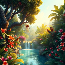Create a mesmerizing 3D visual representation of a lush, vibrant jungle scene bursting with life