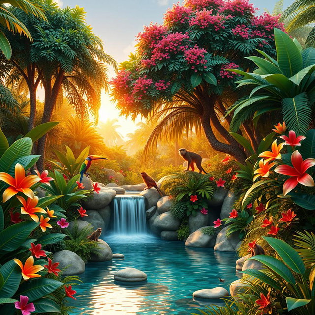 Create a mesmerizing 3D visual representation of a lush, vibrant jungle scene bursting with life