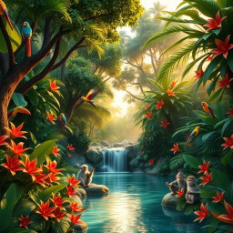 Create a mesmerizing 3D visual representation of a lush, vibrant jungle scene bursting with life