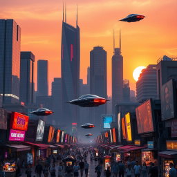 A futuristic city skyline at sunset, featuring sleek skyscrapers constructed with reflective glass and illuminated neon lights