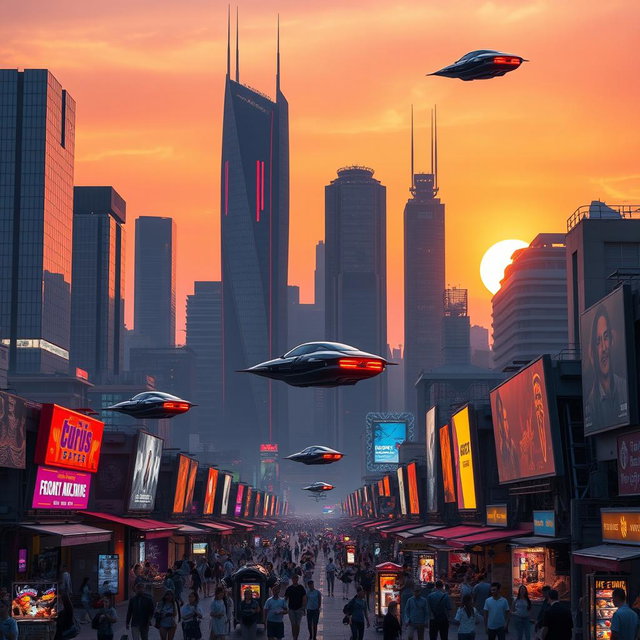 A futuristic city skyline at sunset, featuring sleek skyscrapers constructed with reflective glass and illuminated neon lights