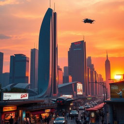 A futuristic city skyline at sunset, featuring sleek skyscrapers constructed with reflective glass and illuminated neon lights