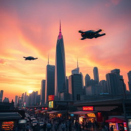 A futuristic city skyline at sunset, featuring sleek skyscrapers constructed with reflective glass and illuminated neon lights