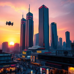 A futuristic city skyline at sunset, featuring sleek skyscrapers constructed with reflective glass and illuminated neon lights