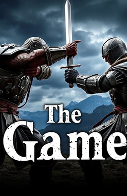 Two fierce warriors locked in an intense sword fight, with dramatic backgrounds featuring a stormy sky and mountains in the distance