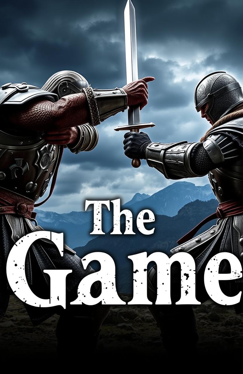 Two fierce warriors locked in an intense sword fight, with dramatic backgrounds featuring a stormy sky and mountains in the distance