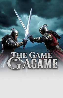 Two fierce warriors locked in an intense sword fight, with dramatic backgrounds featuring a stormy sky and mountains in the distance