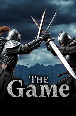 Two fierce warriors locked in an intense sword fight, with dramatic backgrounds featuring a stormy sky and mountains in the distance