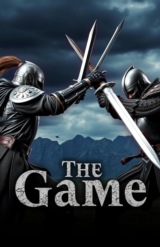 Two fierce warriors locked in an intense sword fight, with dramatic backgrounds featuring a stormy sky and mountains in the distance