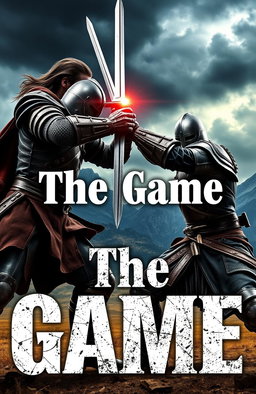 Two fierce warriors locked in an intense sword fight, with dramatic backgrounds featuring a stormy sky and mountains in the distance