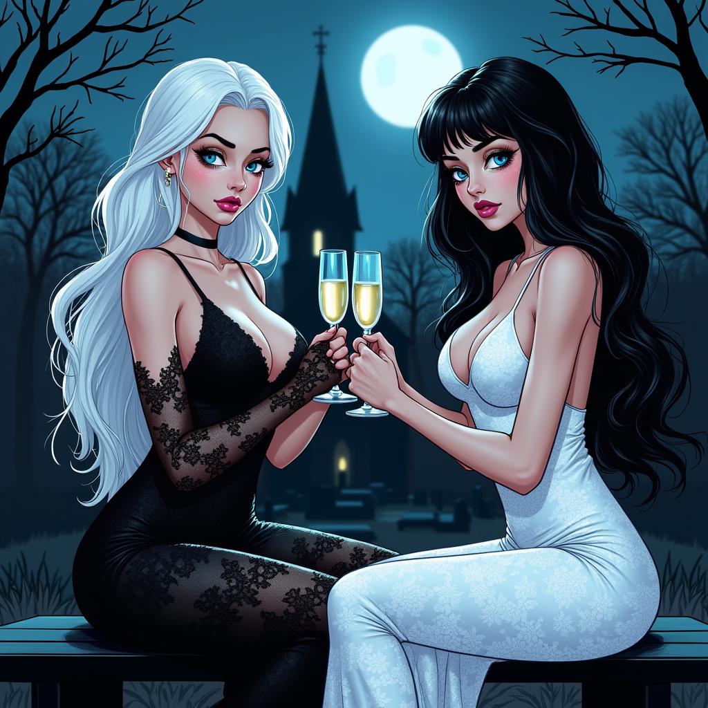 A realistic comic book illustration featuring two stunning 18-year-old girls in a cemetery at midnight