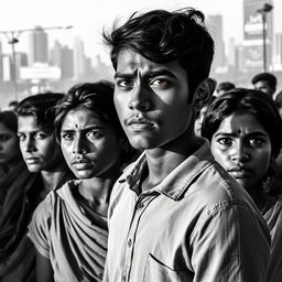 A poignant black and white photography scene capturing the struggles of young Indian individuals facing unemployment