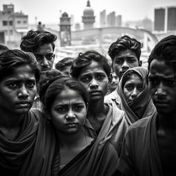 A poignant black and white photography scene capturing the struggles of young Indian individuals facing unemployment