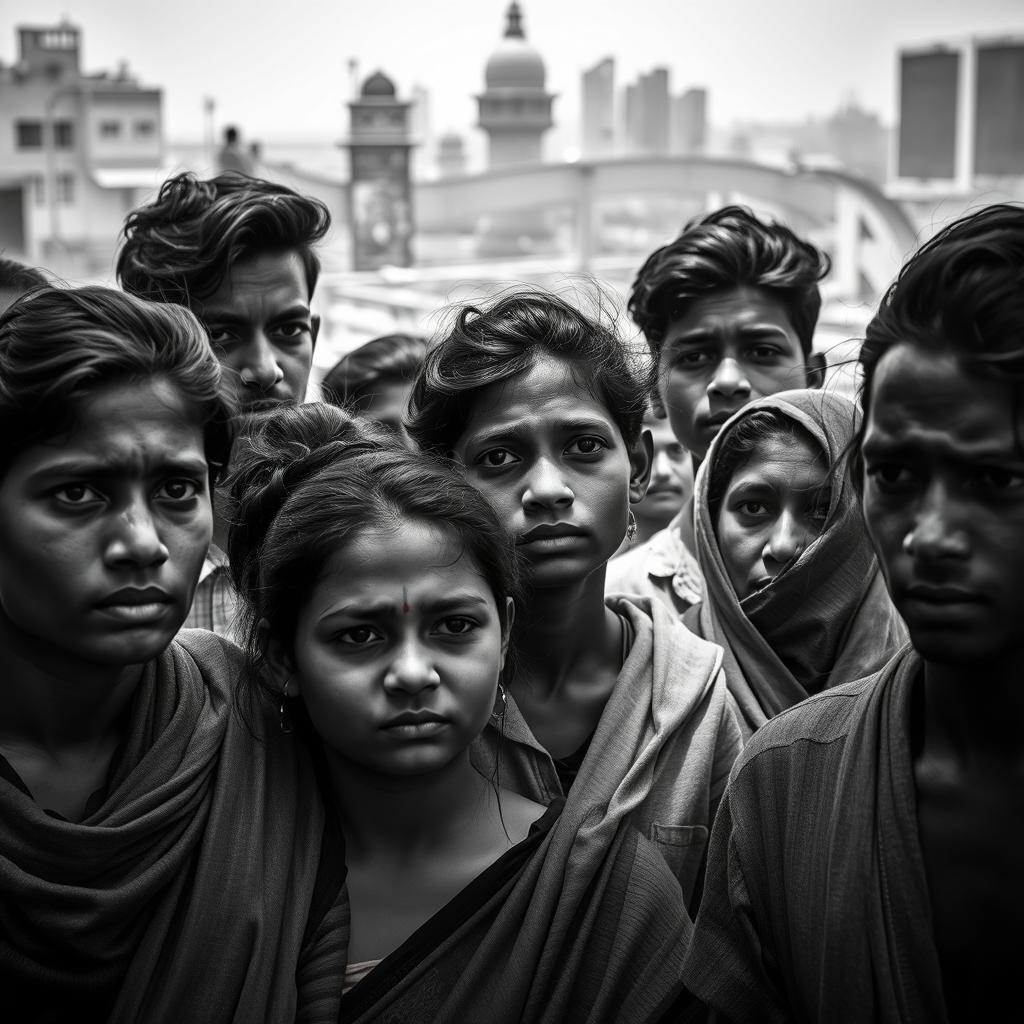 A poignant black and white photography scene capturing the struggles of young Indian individuals facing unemployment