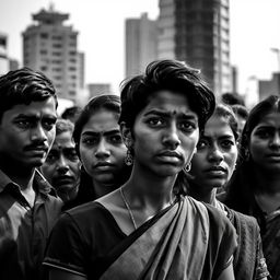 A poignant black and white photography scene capturing the struggles of young Indian individuals facing unemployment