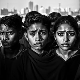 A poignant black and white photography scene capturing the struggles of young Indian individuals facing unemployment