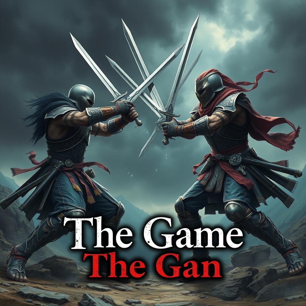 Two fierce warriors engaged in an intense duel, each wielding two swords