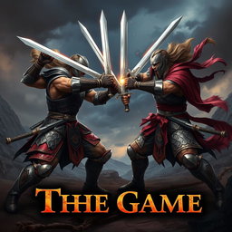 Two fierce warriors engaged in an intense duel, each wielding two swords