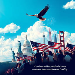 A striking poster that embodies patriotism, featuring iconic landmarks such as the Statue of Liberty, the White House, and the Golden Gate Bridge