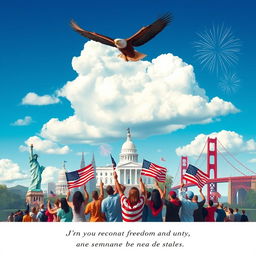A striking poster that embodies patriotism, featuring iconic landmarks such as the Statue of Liberty, the White House, and the Golden Gate Bridge
