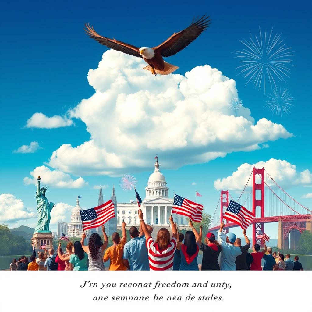 A striking poster that embodies patriotism, featuring iconic landmarks such as the Statue of Liberty, the White House, and the Golden Gate Bridge
