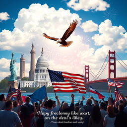 A striking poster that embodies patriotism, featuring iconic landmarks such as the Statue of Liberty, the White House, and the Golden Gate Bridge