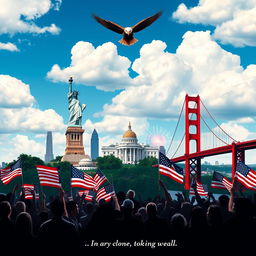 A striking poster that embodies patriotism, featuring iconic landmarks such as the Statue of Liberty, the White House, and the Golden Gate Bridge