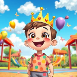 A cartoon character depicted as a joyful kid wearing a colorful crown, exuding a sense of happiness and playfulness