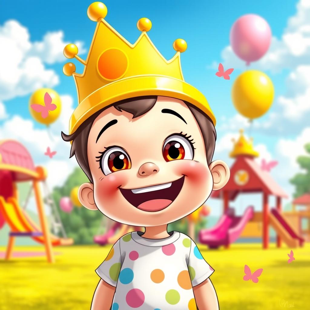 A cartoon character depicted as a joyful kid wearing a colorful crown, exuding a sense of happiness and playfulness