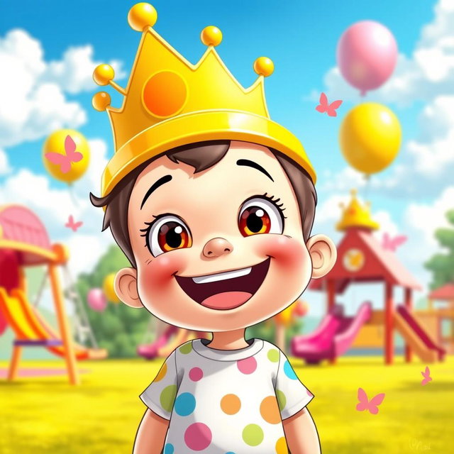 A cartoon character depicted as a joyful kid wearing a colorful crown, exuding a sense of happiness and playfulness