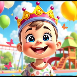 A cartoon character depicted as a joyful kid wearing a colorful crown, exuding a sense of happiness and playfulness