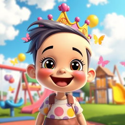 A cartoon character depicted as a joyful kid wearing a colorful crown, exuding a sense of happiness and playfulness