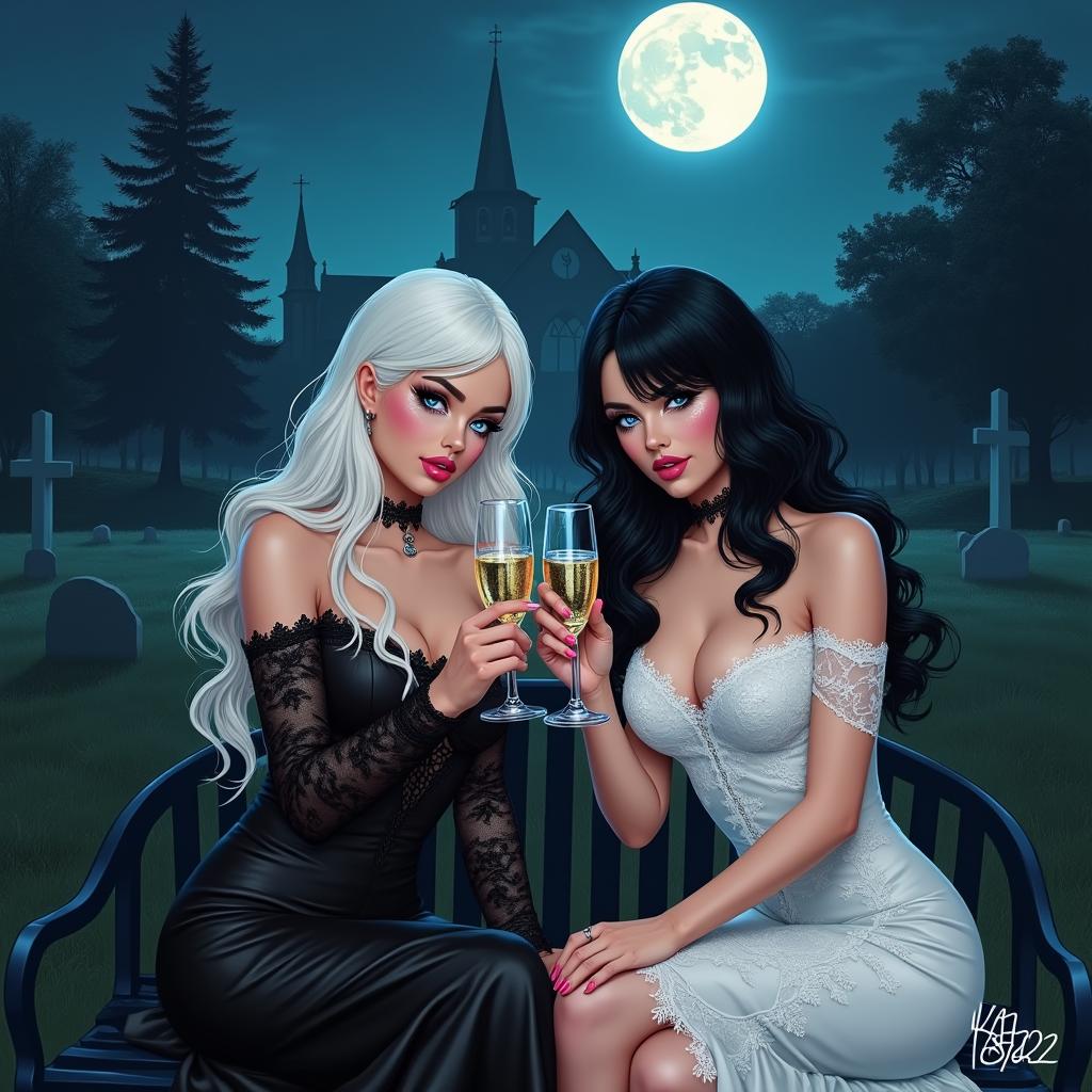 A realistic pinup style illustration featuring two stunning 18-year-old girls in a cemetery at midnight