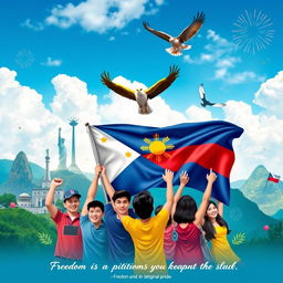 A vibrant poster that showcases patriotism in the Philippines, featuring iconic landmarks such as the Rizal Monument, the Chocolate Hills, and the Banaue Rice Terraces