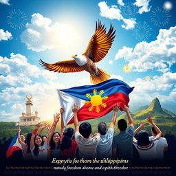 A vibrant poster that showcases patriotism in the Philippines, featuring iconic landmarks such as the Rizal Monument, the Chocolate Hills, and the Banaue Rice Terraces