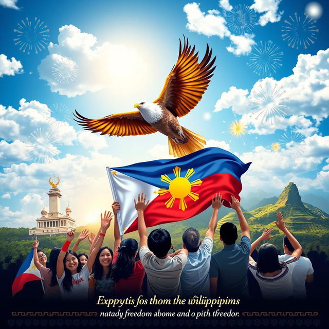 A vibrant poster that showcases patriotism in the Philippines, featuring iconic landmarks such as the Rizal Monument, the Chocolate Hills, and the Banaue Rice Terraces