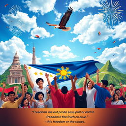 A vibrant poster that showcases patriotism in the Philippines, featuring iconic landmarks such as the Rizal Monument, the Chocolate Hills, and the Banaue Rice Terraces