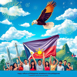 A vibrant poster that showcases patriotism in the Philippines, featuring iconic landmarks such as the Rizal Monument, the Chocolate Hills, and the Banaue Rice Terraces