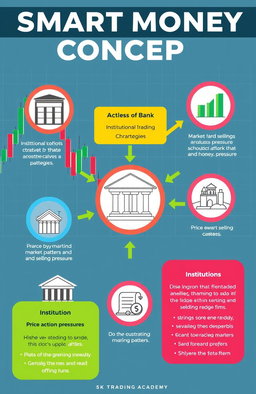 An illustrated guide to the Smart Money Concept as taught by SK Trading Academy, featuring key elements such as institutional trading strategies, market behavior analysis, and price action patterns