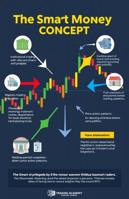 An illustrated guide to the Smart Money Concept as taught by SK Trading Academy, featuring key elements such as institutional trading strategies, market behavior analysis, and price action patterns