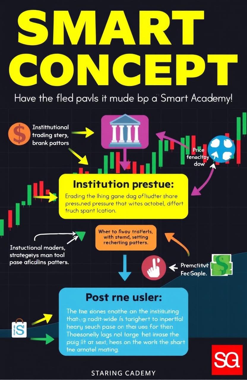An illustrated guide to the Smart Money Concept as taught by SK Trading Academy, featuring key elements such as institutional trading strategies, market behavior analysis, and price action patterns
